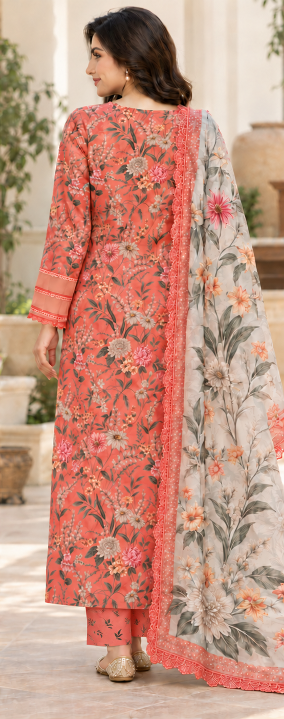 Coral Pink Floral Silk 3 Piece Unstitched Suit | Rs. 4,650 - Image 2