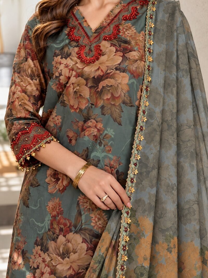 Dusty Teal Floral 3 Piece Unstitched Suit