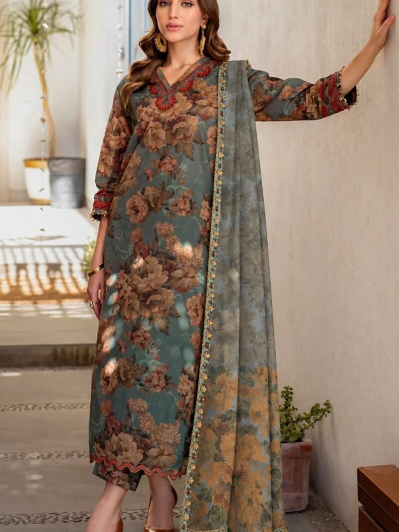 Dusty Teal Floral 3 Piece Unstitched Suit