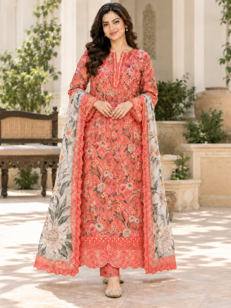 Coral Pink Floral Silk 3 Piece Unstitched Suit | Rs. 4,650