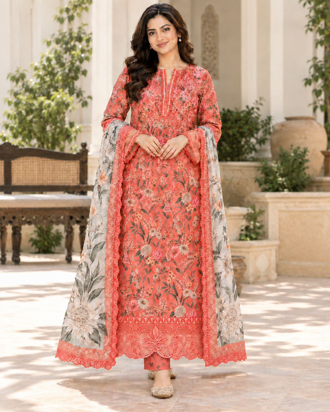 Coral Pink Floral Silk 3 Piece Unstitched Suit | Rs. 4,650