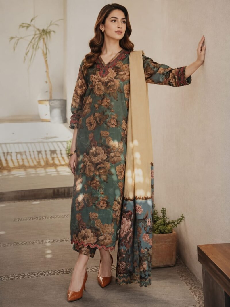 Dusty Teal Floral 3 Piece Unstitched Suit | Rs. 5,350