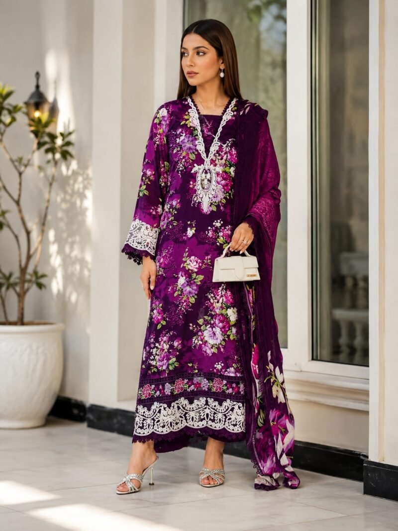Plum Purple Floral Unstitched Suit | Rs. 4,650