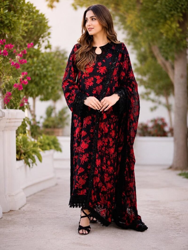 Black & Red Floral Unstitched 3 Piece Suit | Rs. 4,450
