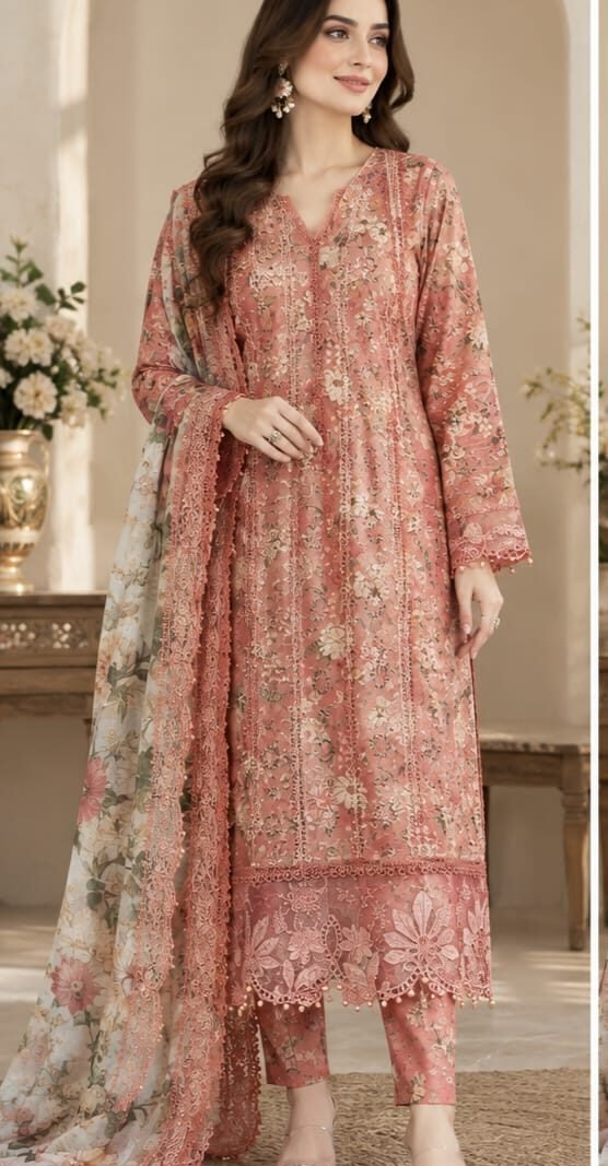Coral Pink Floral Silk 3 Piece Unstitched Suit | Rs. 4,650