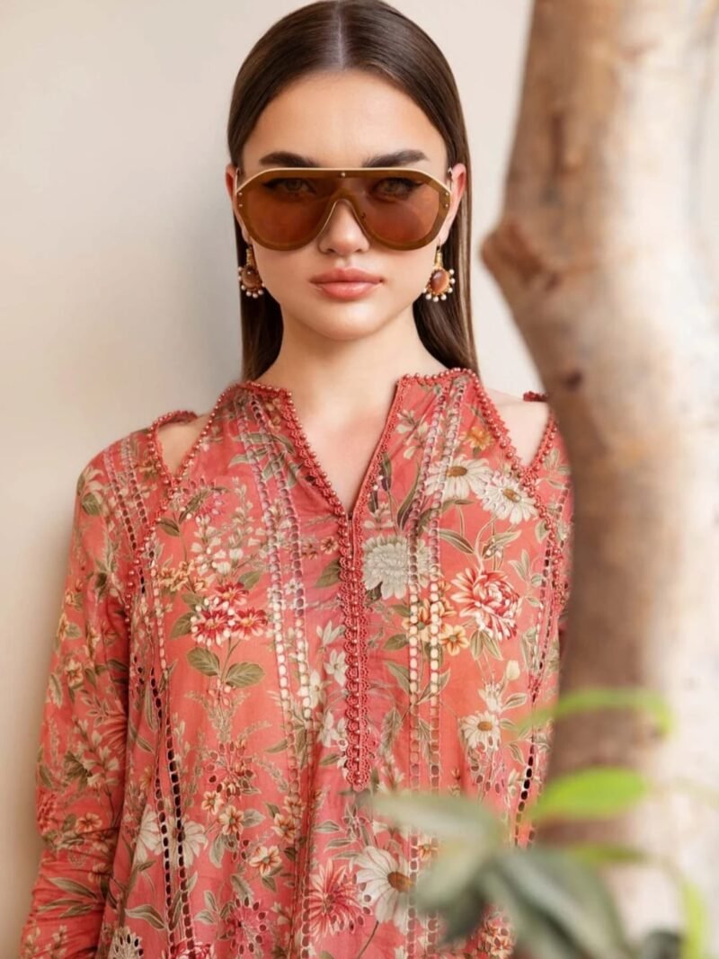 Coral Pink Floral Silk 3 Piece Unstitched Suit