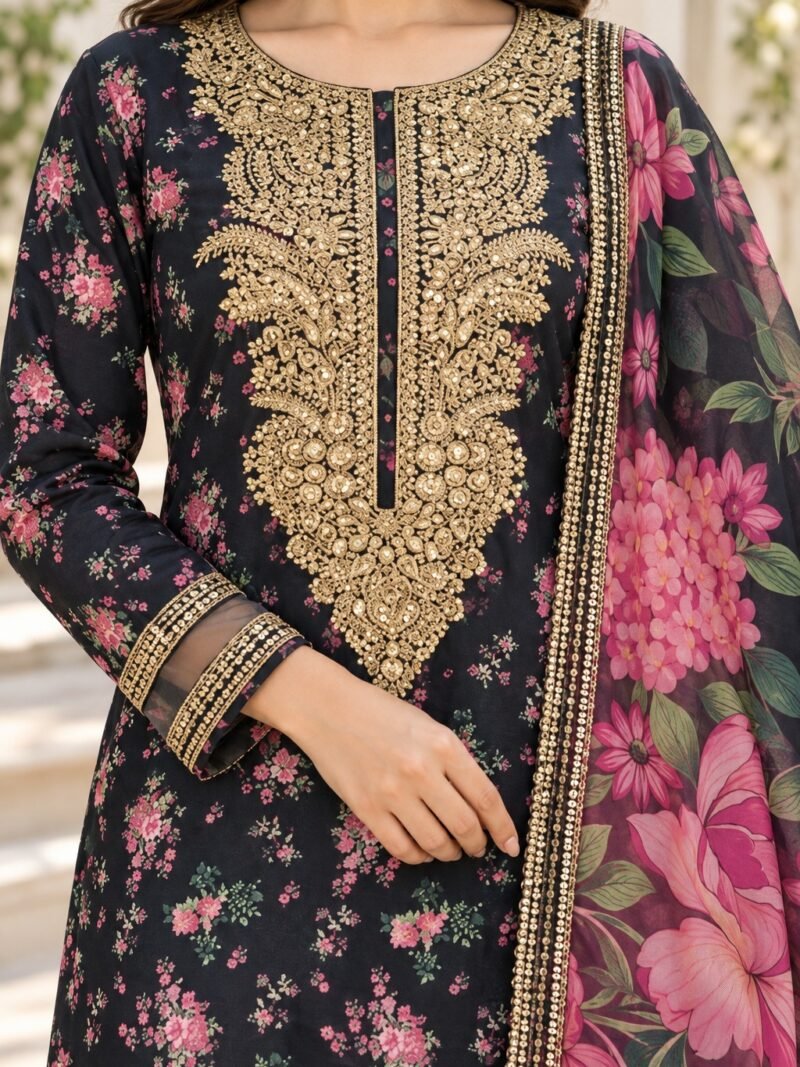 Black Floral Unstitched 3 Piece Suit