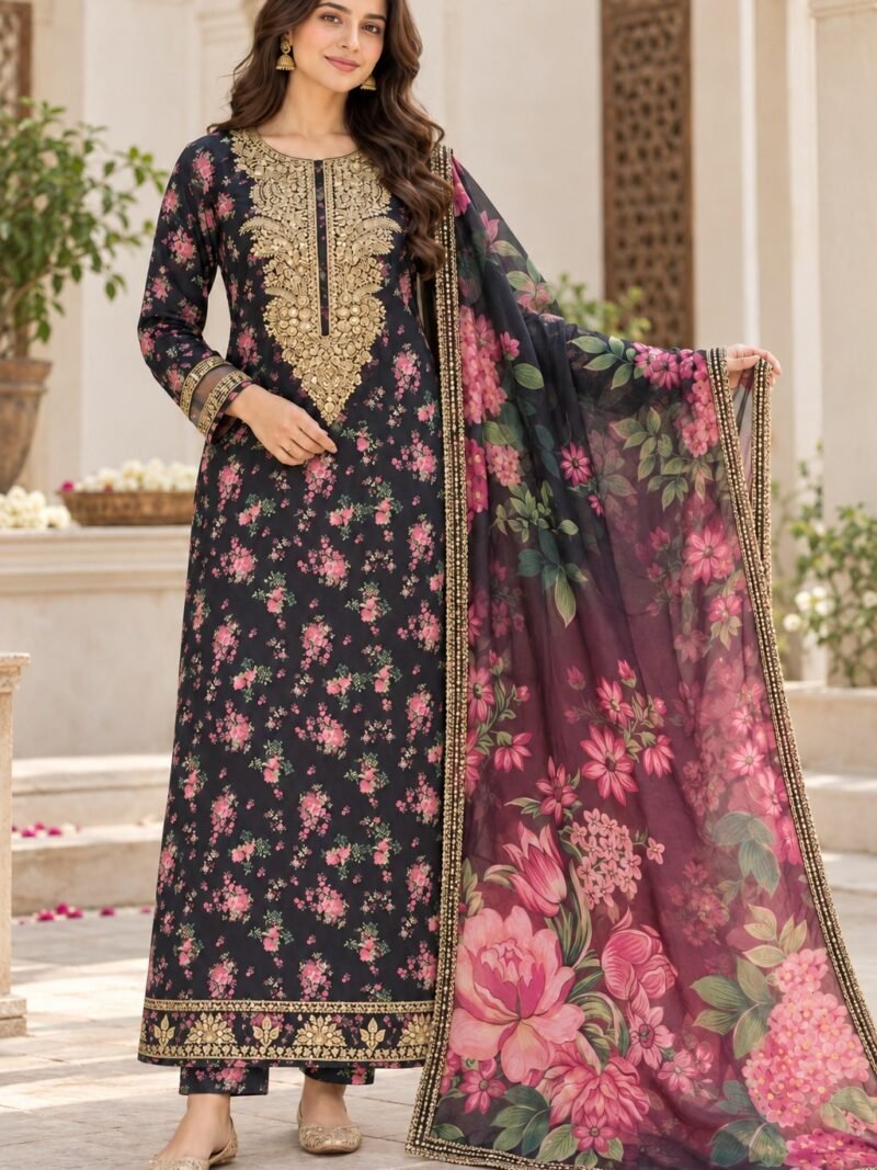 Black Floral Unstitched 3 Piece Suit