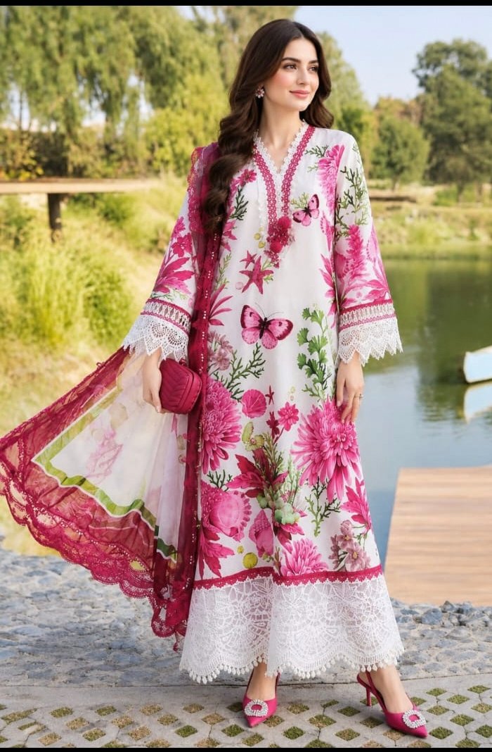 White & Pink Floral Unstitched 3 Piece Suit | Mirsa Studio
