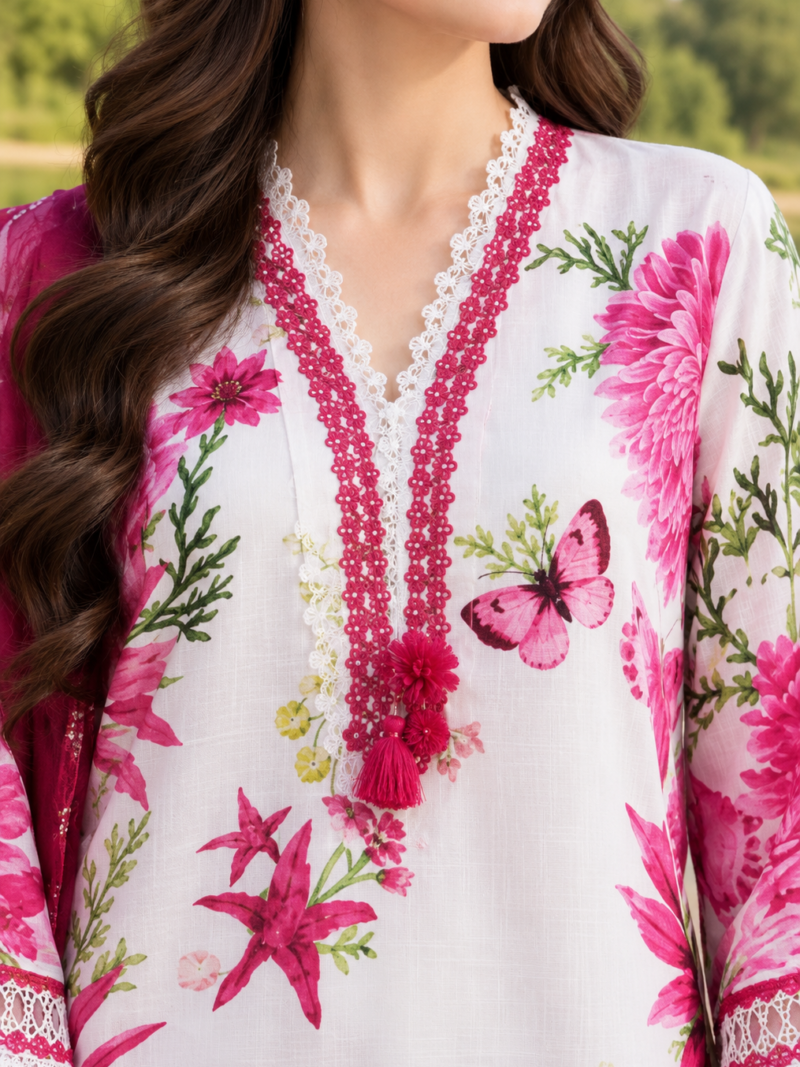 White & Pink Floral Unstitched 3 Piece Suit