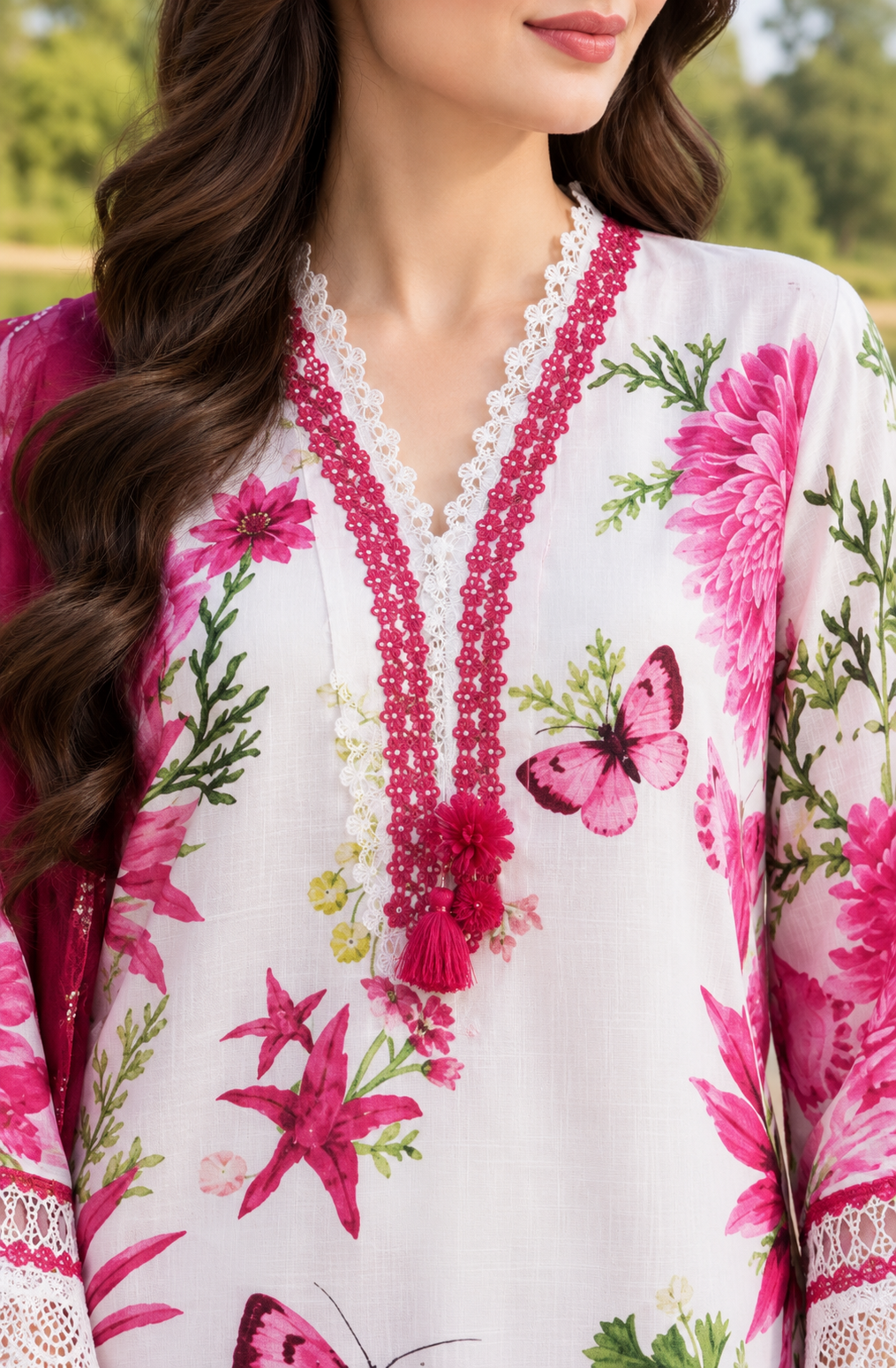 White & Pink Floral Unstitched 3 Piece Suit