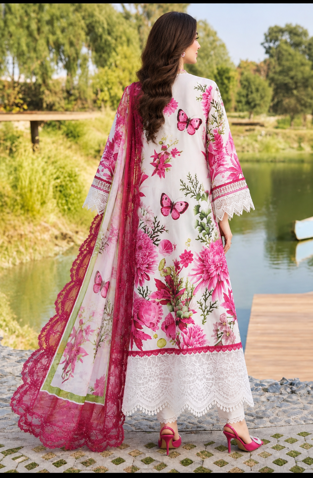 White & Pink Floral Unstitched 3 Piece Suit