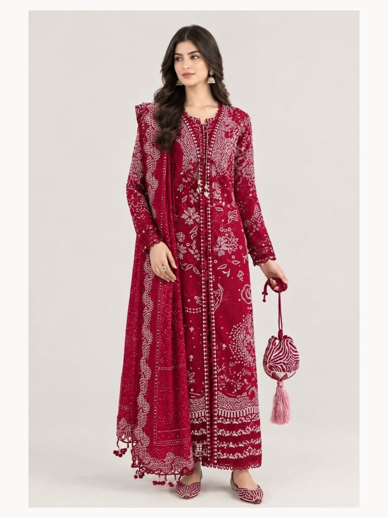Red Viscose Embroidered Suit