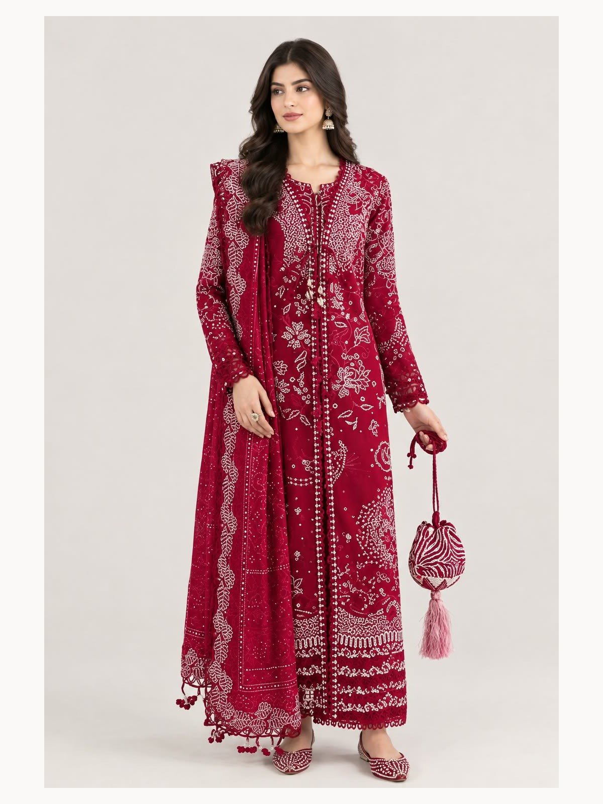 Red Viscose Embroidered Suit