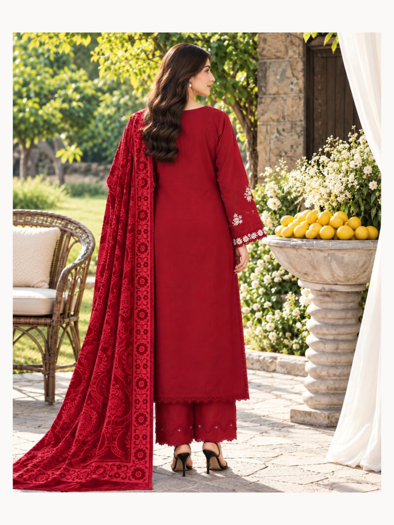 Dahnak Marina embroidered suit with Plachi shawl – back view