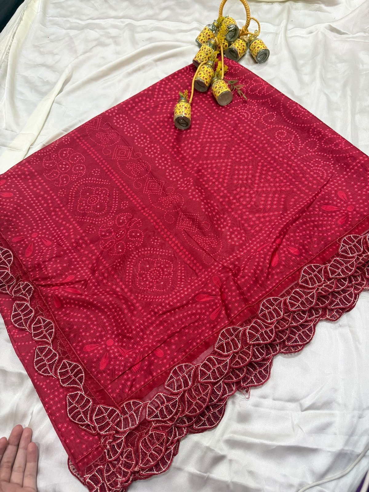 Red viscose embroidered suit with patches and silk chunri dupatta – front view