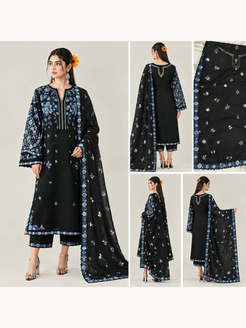 Black viscose suit with chiffon dupatta, showing front, back and embroidery details