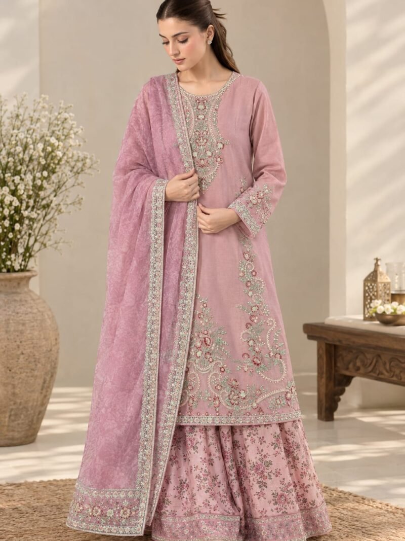 Dusty Pink Embroidered Viscose 3-Piece Unstitched Suit