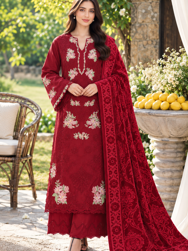 Dahnak Marina embroidered suit with Plachi shawl – front view
