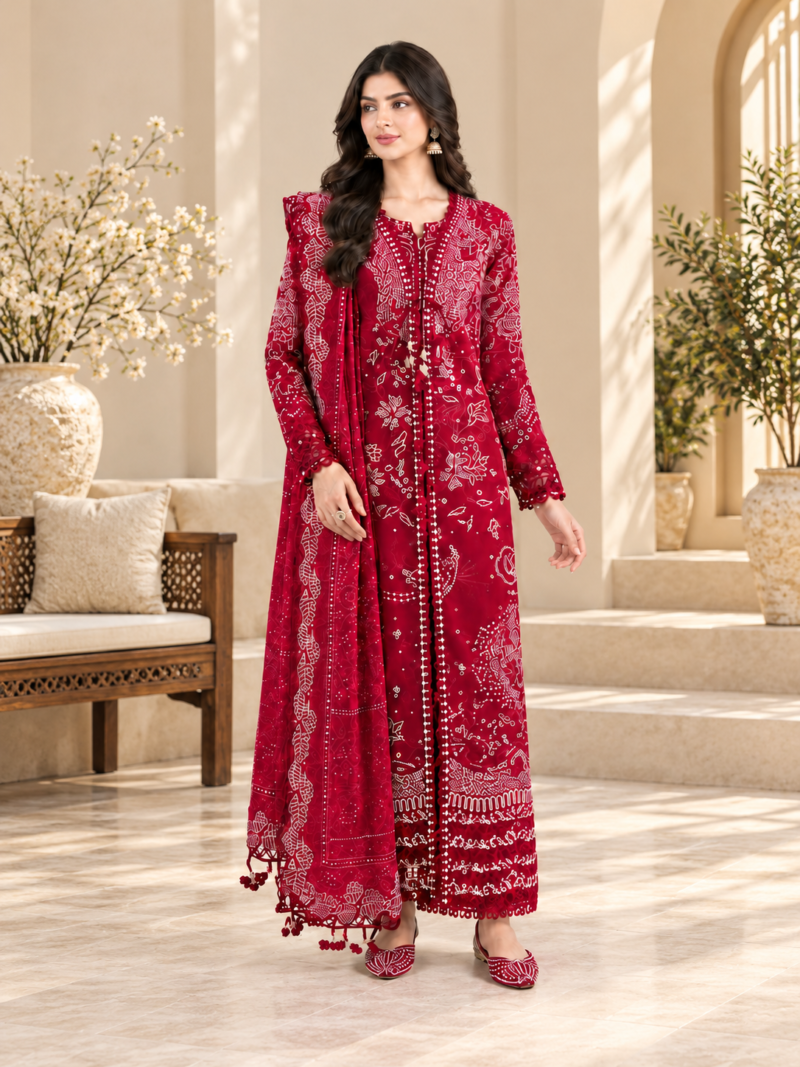 Red Viscose Embroidered Suit