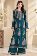 Teal 2-Piece Silk Suit with Tilla & Sequin Embroidery