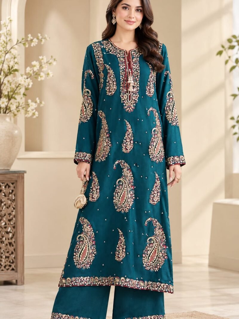Teal 2-Piece Silk Suit with Tilla & Sequin Embroidery
