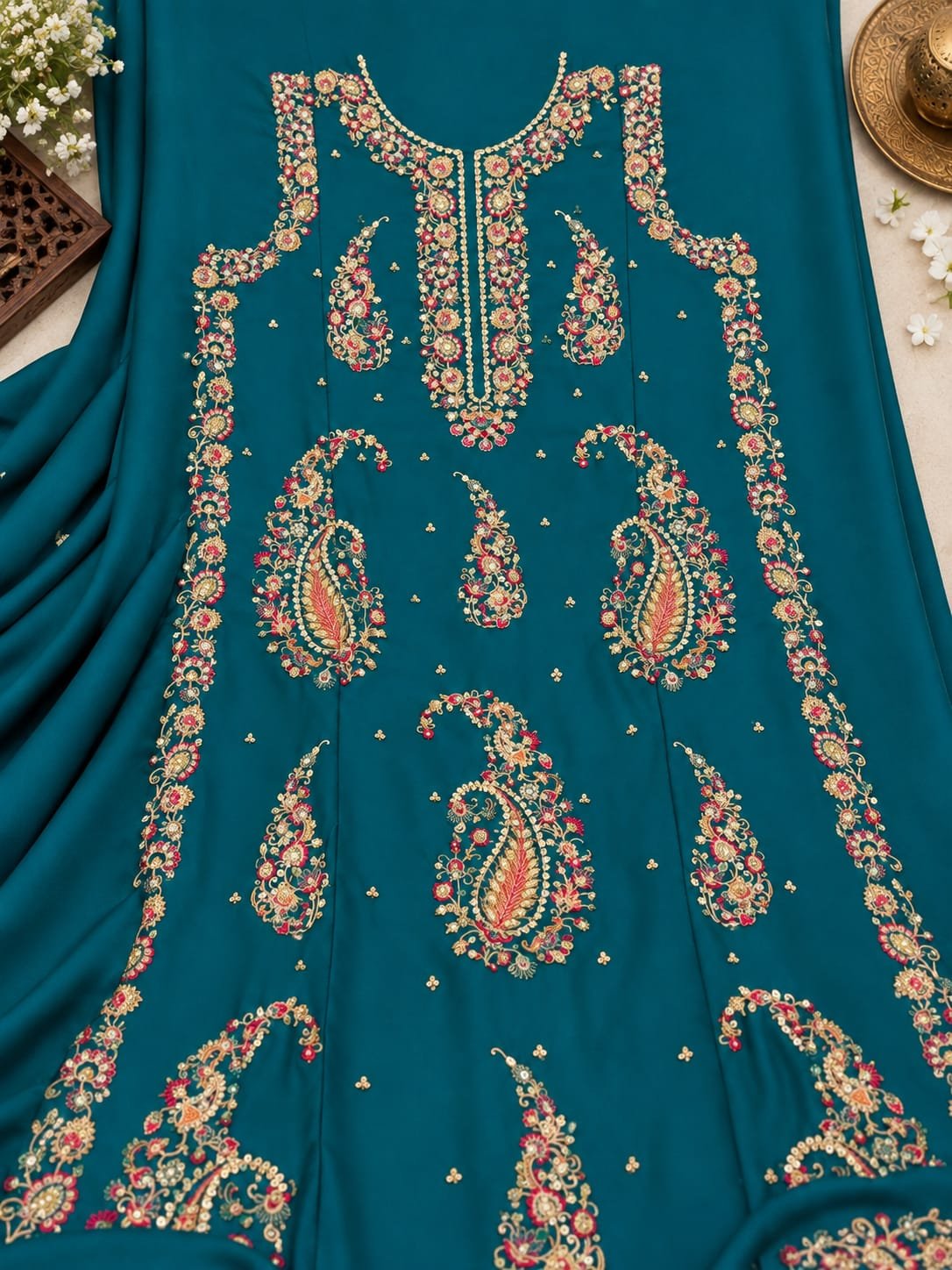 Teal 2-Piece Silk Suit with Tilla & Sequin Embroidery
