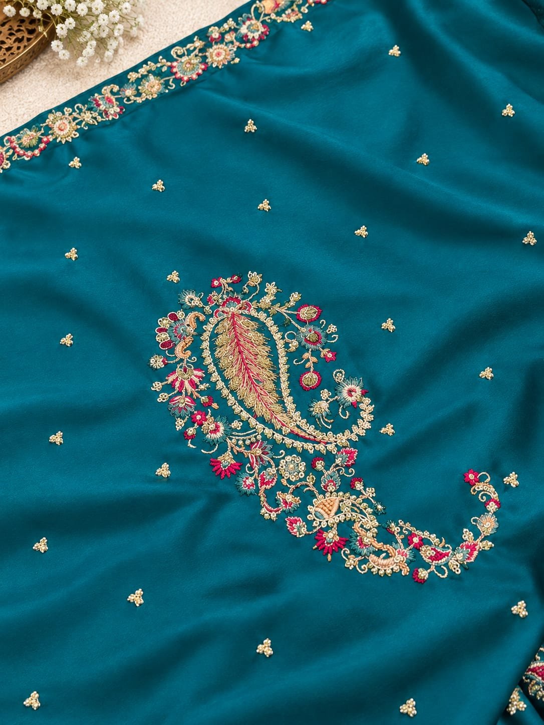 Teal 2-Piece Silk Suit with Tilla & Sequin Embroidery