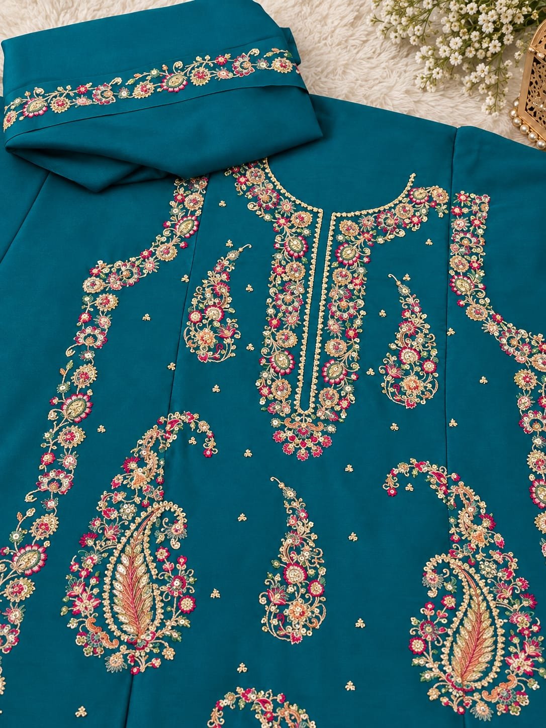 Teal 2-Piece Silk Suit with Tilla & Sequin Embroidery